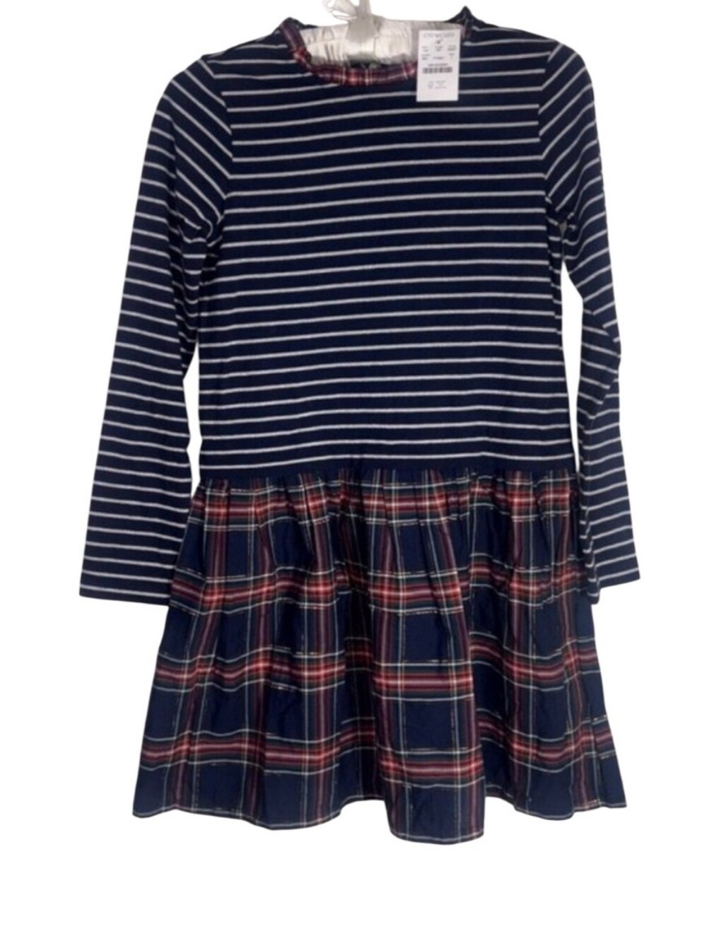 Girls Navy Striped & Plaid Long-Sleeve Dress Sz Xxs Nwt